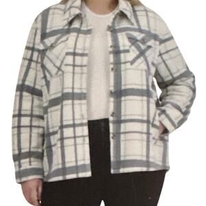 Sage Womens White and Grey Plaid Plush Fleece Shirt Jacket XXL